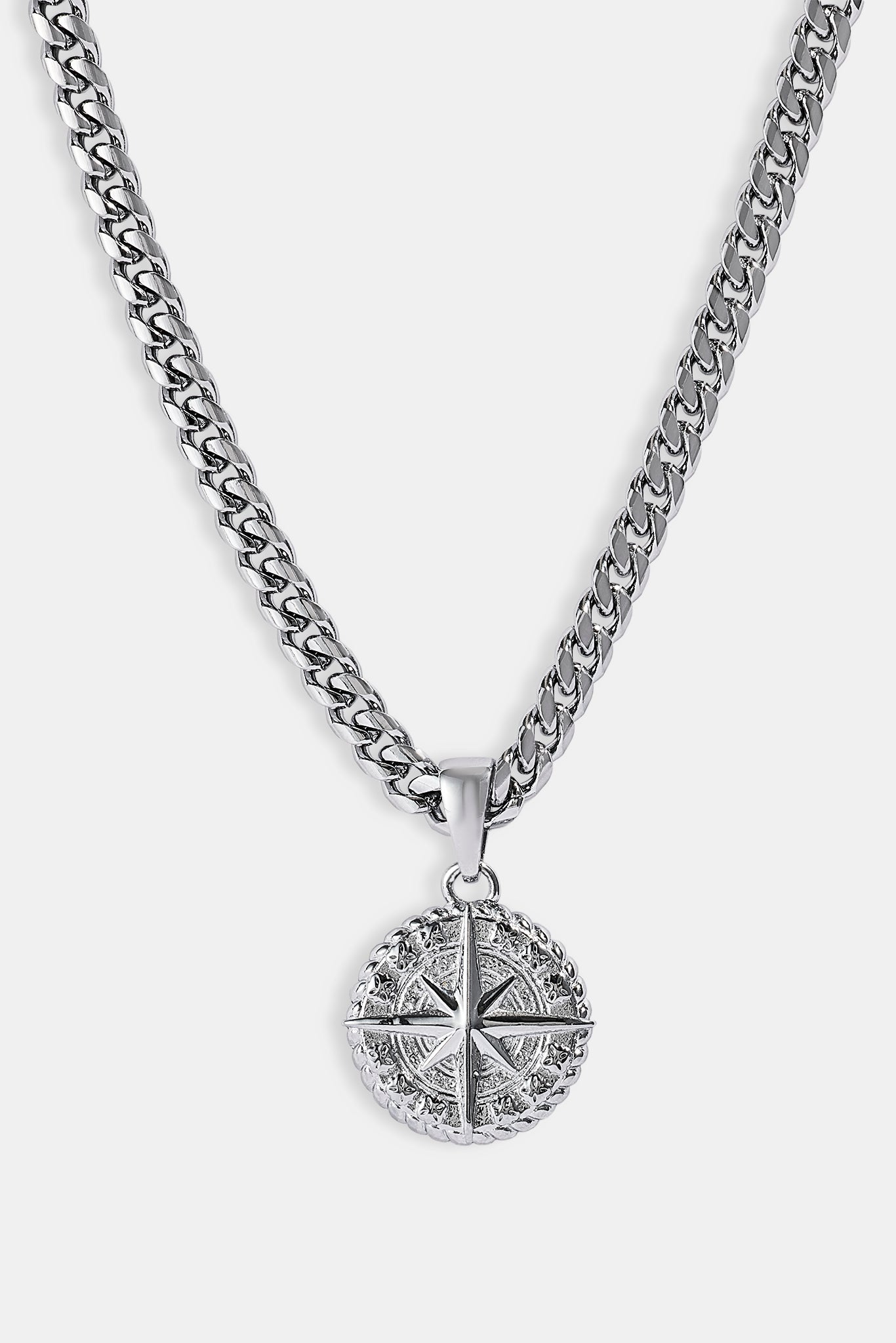 Compass Pendant & 5mm Miami Cuban Necklace - White